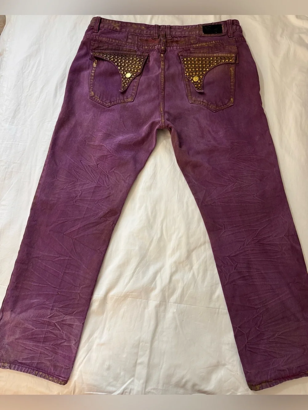 Robin's Jean Men's Burgundy Gold Acid Wash Tie Dye Straight Studded Jeans Sz 42